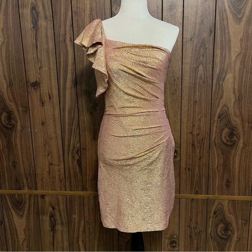 Hailey Logan Gold/pink Metallic One Shoulder Ruched Side Stretch Mini Dress Sz S